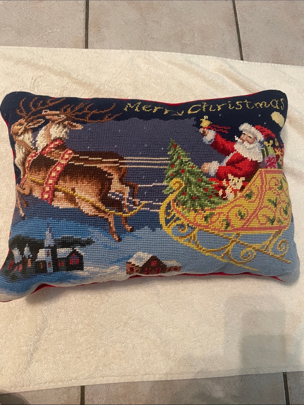 Santa Sleigh Needlepoint Holiday Throw Lumbar Pillow